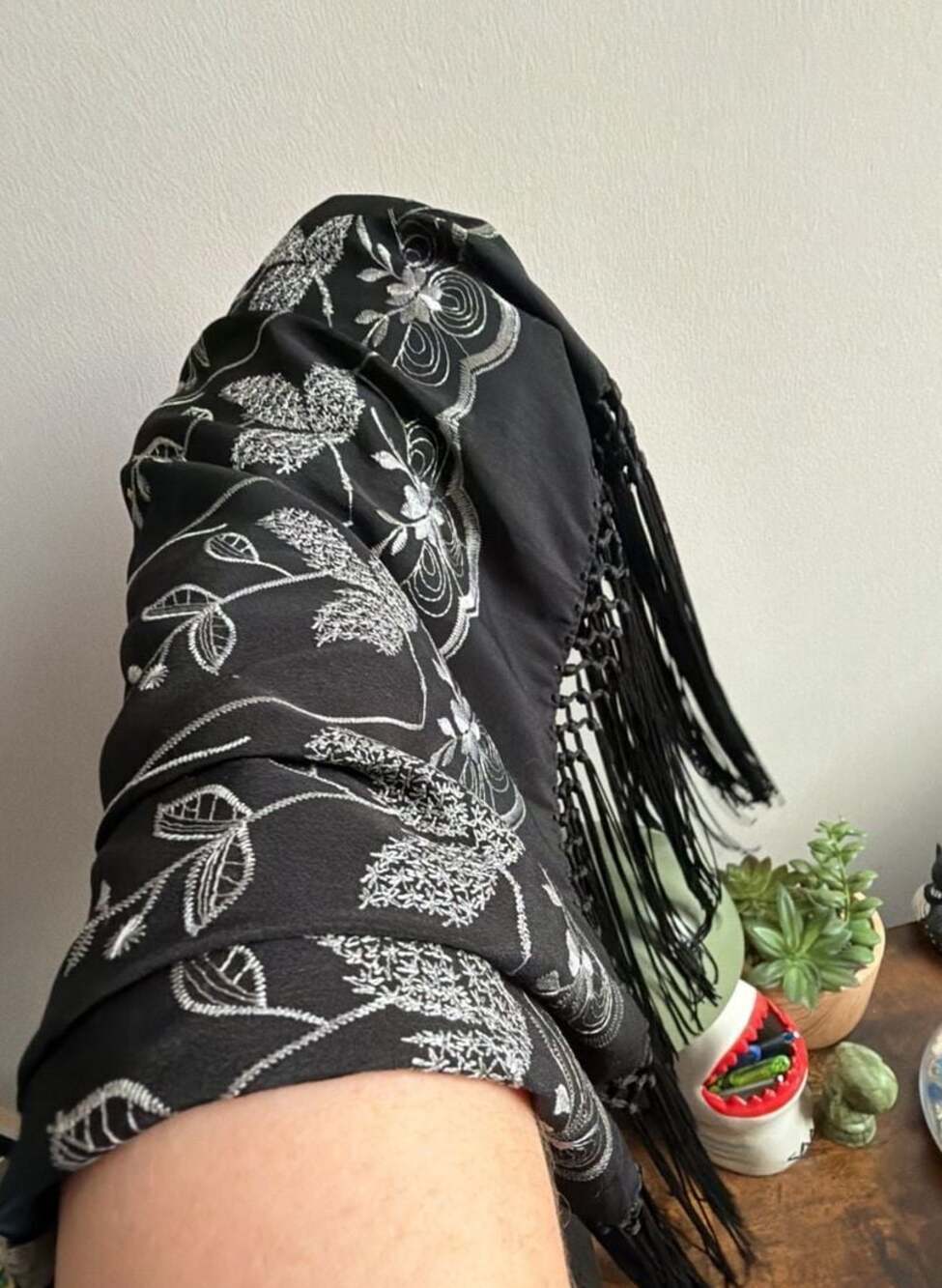 Moda France 100% Silk Embroidered Floral Scarf with Fringe